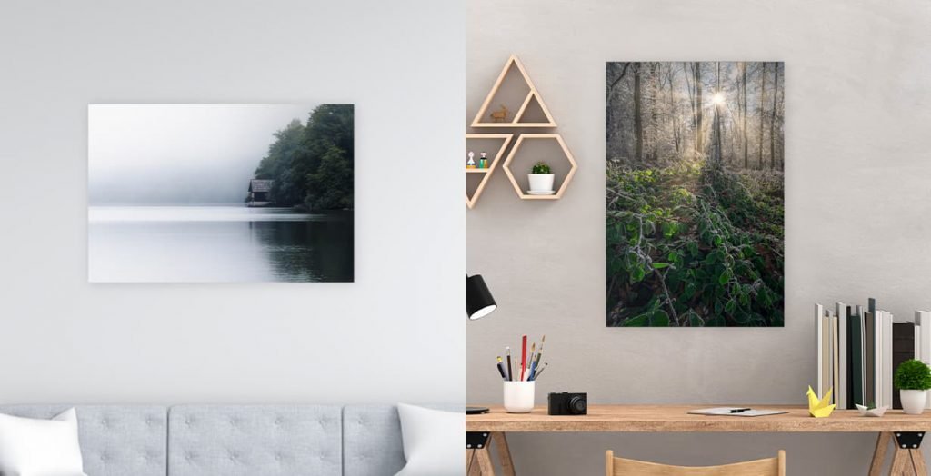 A mockup showing a horizontal photograph of a lakehouse and a vertical wall art of a winter forest.