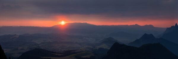 A huge panoramic image of a sunrise photographed from a mountain