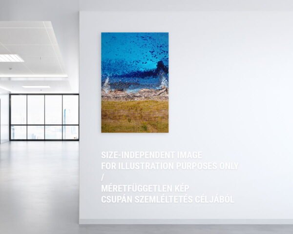 A large wall art of a fuzzy shoreline hanging in an office