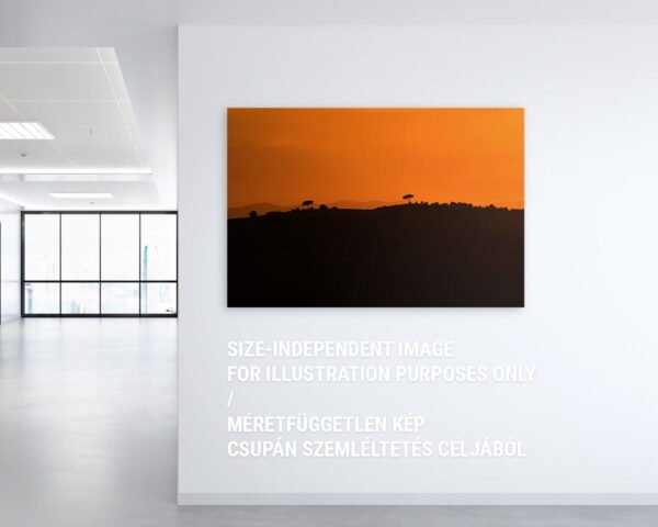A large wall art image of the silhouettes of a hill and a few trees under an orange sunset hanging in an office