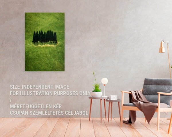 A wall art showing a green field with a bunch of trees in the middle of it