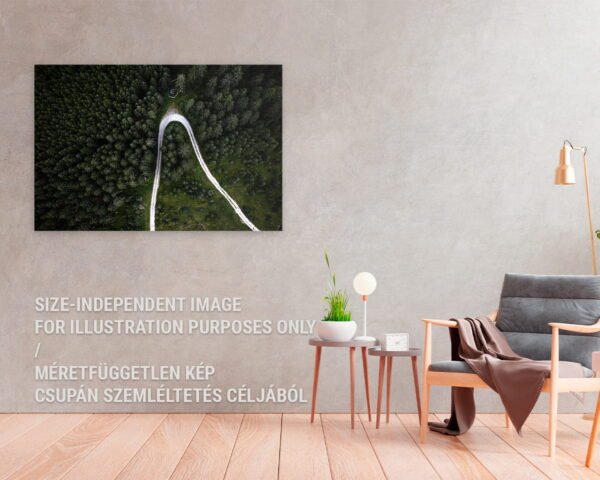 Wall art in a cozy home of an aerial photograph drone of a curvy white road in a green forest