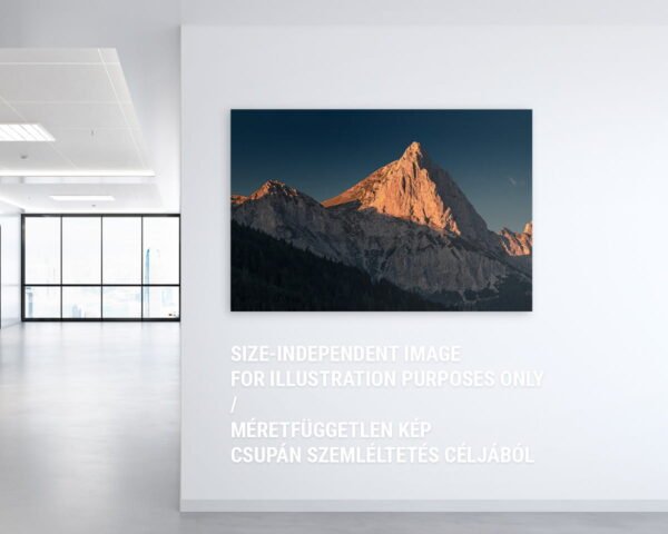 A wall art of a high mountain during a sunset hanging on an office wall