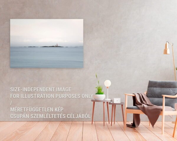 A fine art photography print of a small lighthouse in the middle of the sea