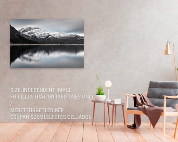 A fine art nature photograph of a mountain and its reflection on the wall of a home