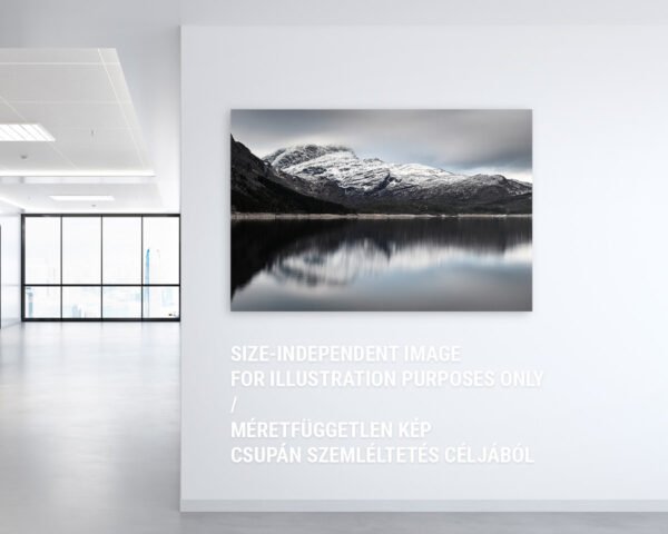 A wall art featuring a mountain and its reflection hanging on an office wall