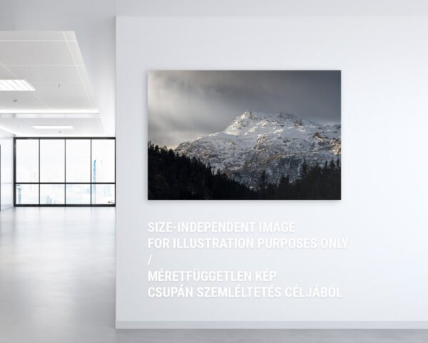 A wall art photograph of a snowy mountain as the sun hits its peak in an office