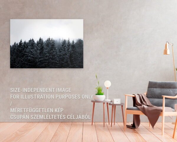 A winter forest photograph hanging at a cozy home