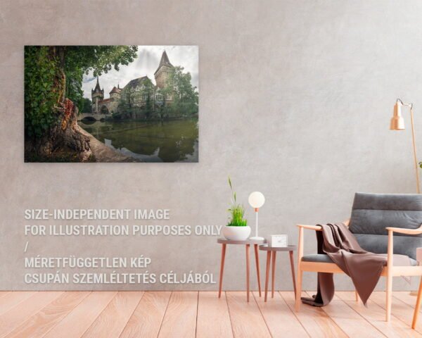 A wall art about Vajdahunyad Castle is hanging at a minimalist home