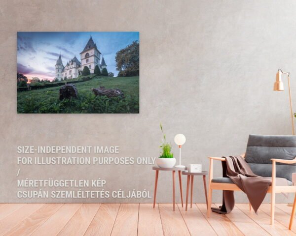 Egy minimalista otthonban lógó fali kép, The nature art print is showing the fairy castle of Tiszadob, Andrássy Castle.