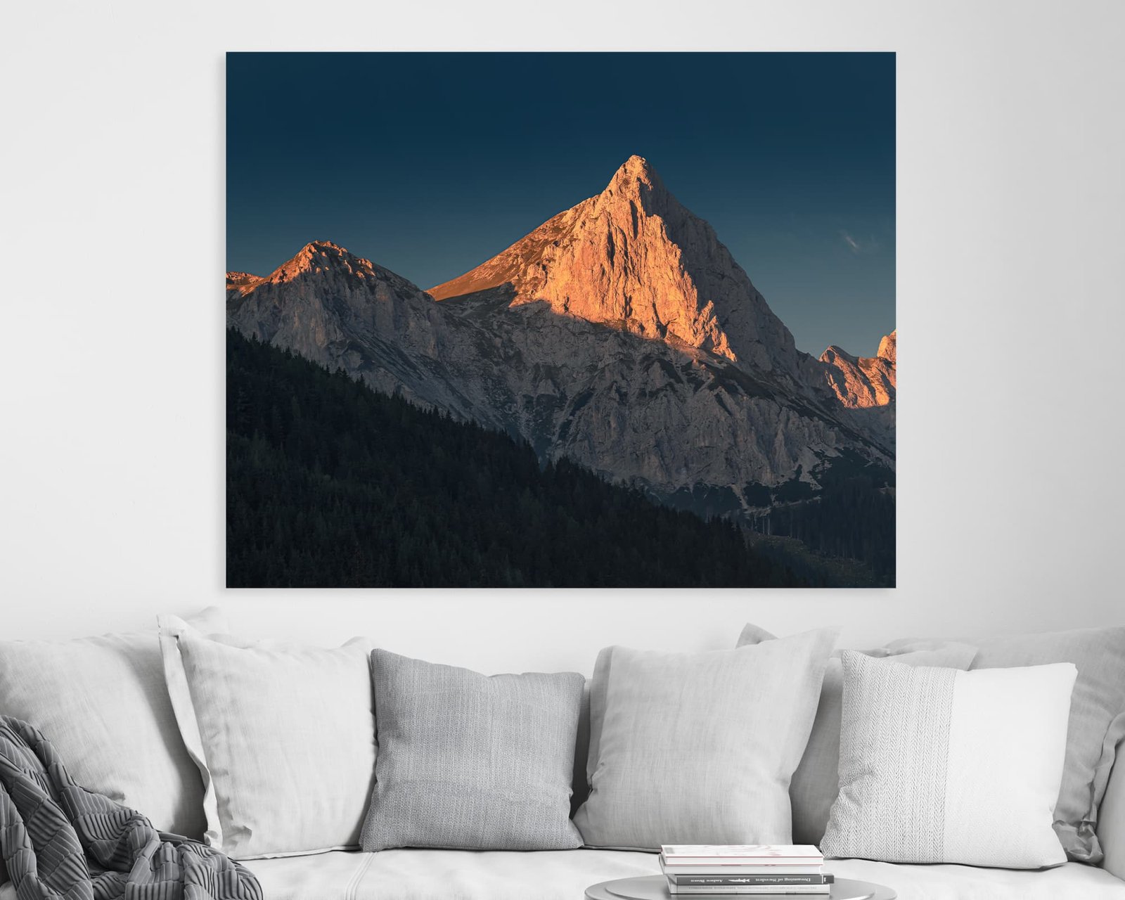 Wall art of a mountain during sunset under a blue sky
