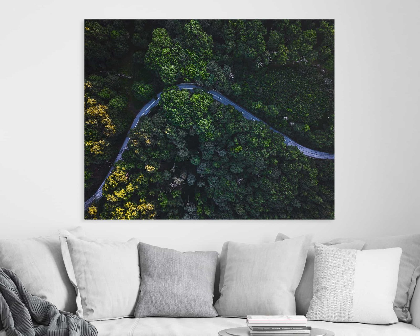 Aerial photograph of a curvy road available as a wall art