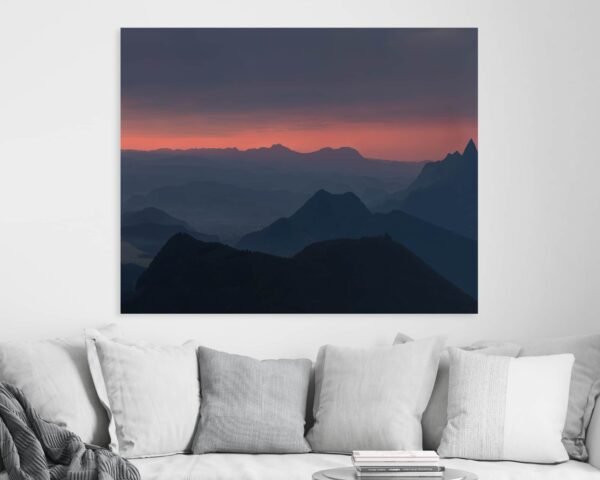 Wall art of a mountain range during sunrise