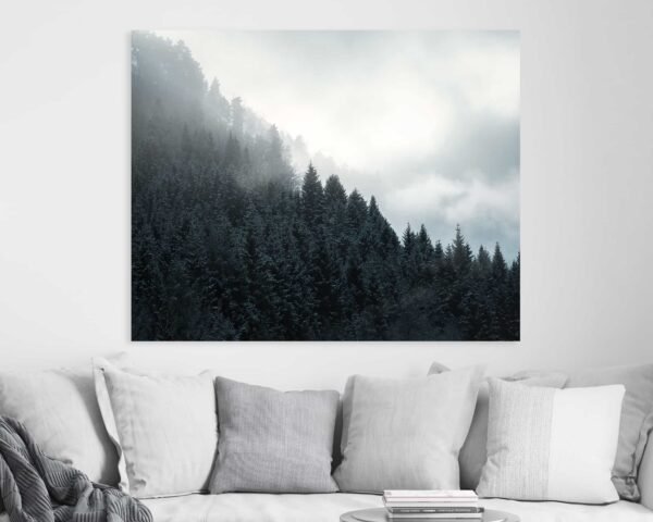 Wall art showing a moody foggy forest