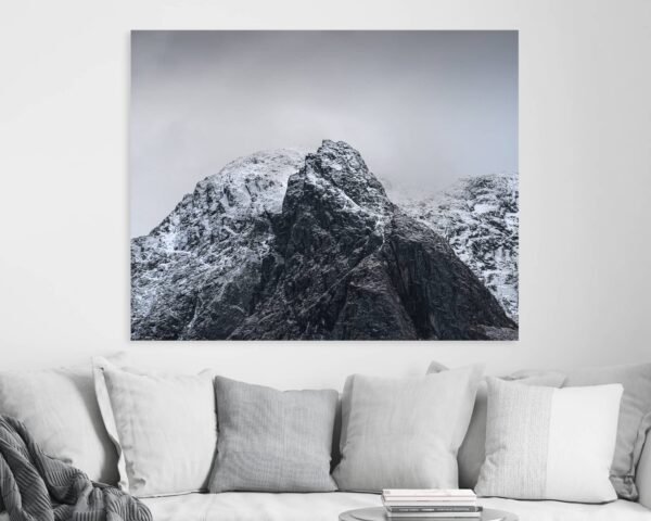 Minimalist wall art of a mountain top during a storm