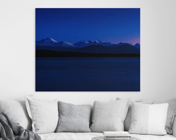 Wall art of a blueish-purplish mountain range