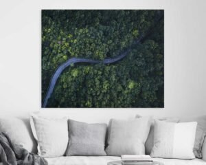Aerial photograph of a curvy road hanging in a cozy home