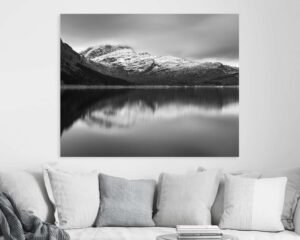 Black and white wall art of a cloudy mountain