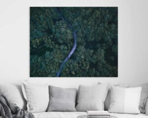 Curvy road in the middle of a green forest on a wall art