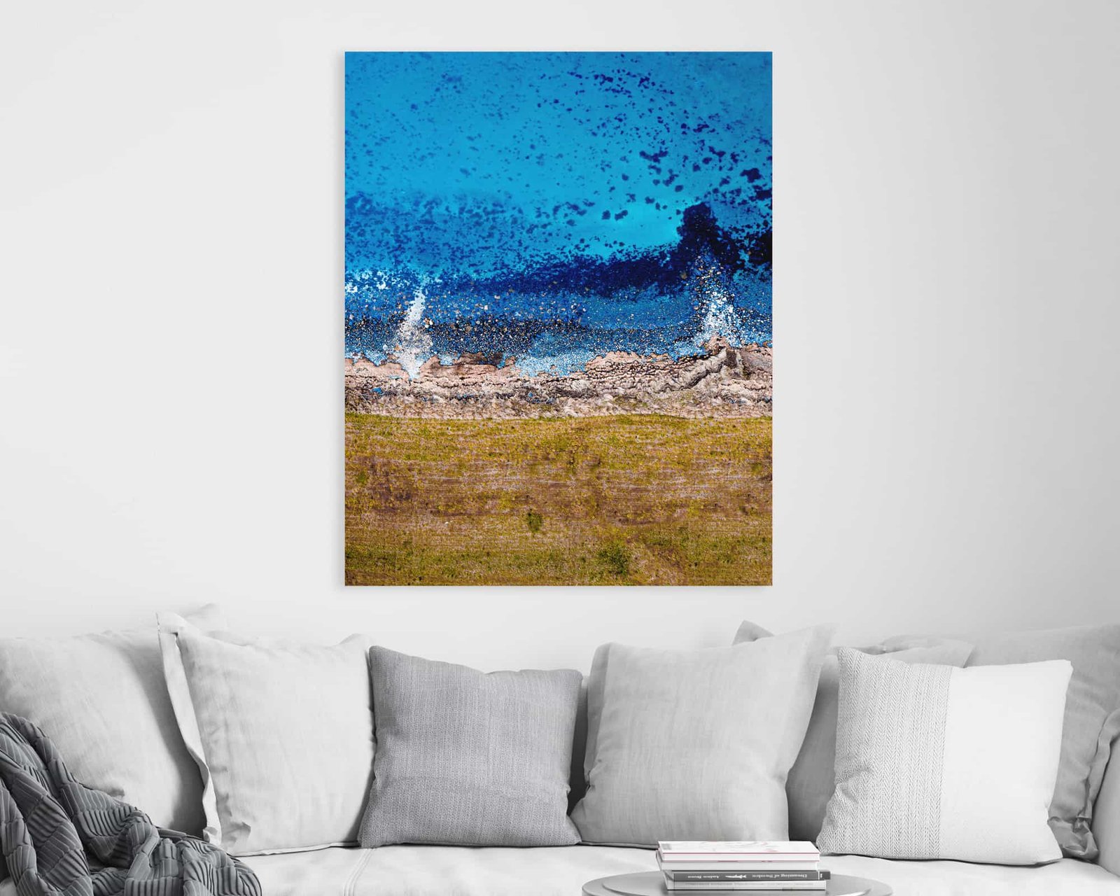 Abstract photograph of a blue sea near a yellow land available as wall art