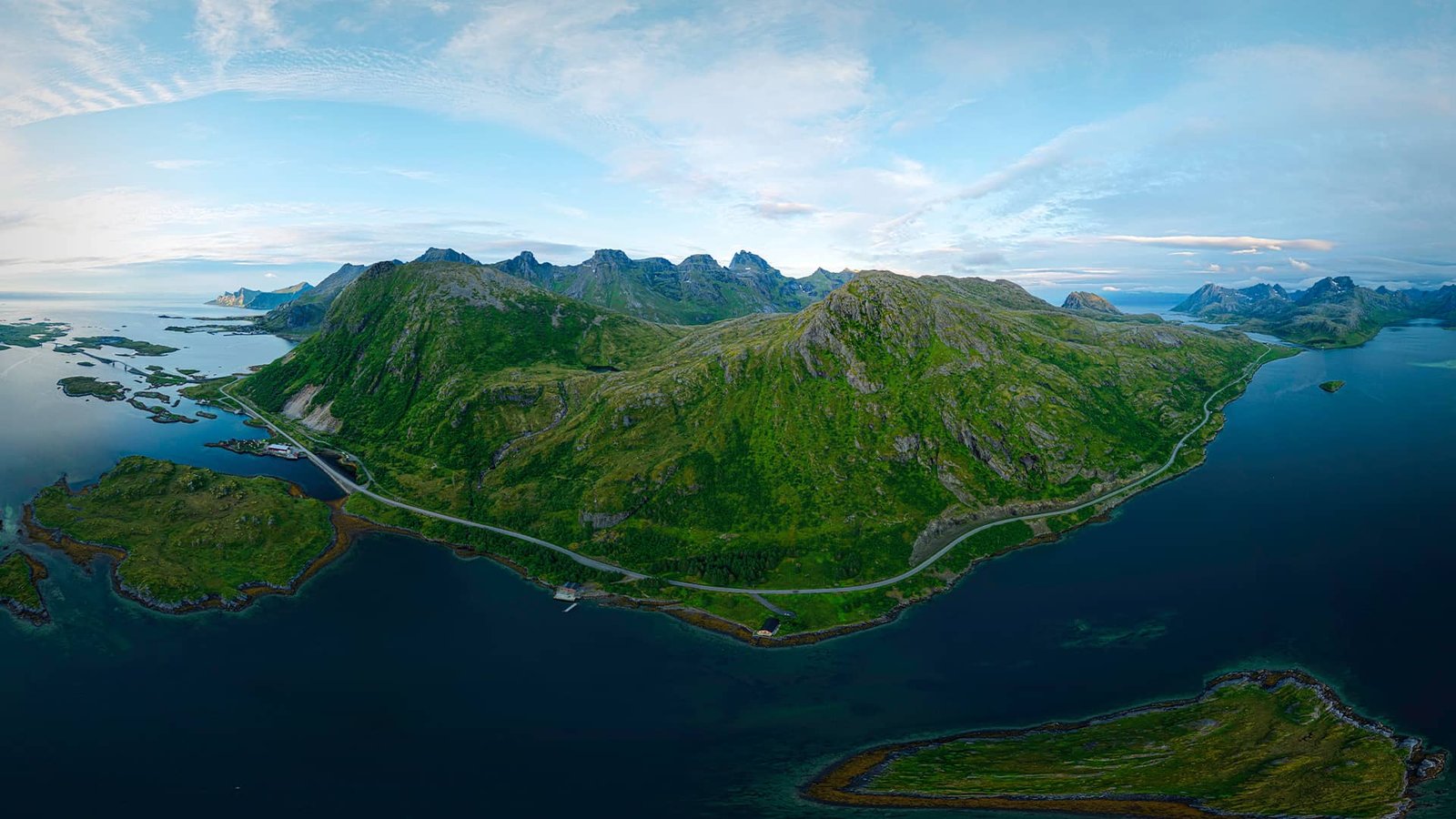 Drone photo of the peaks and fjords of Lofoten, Norway