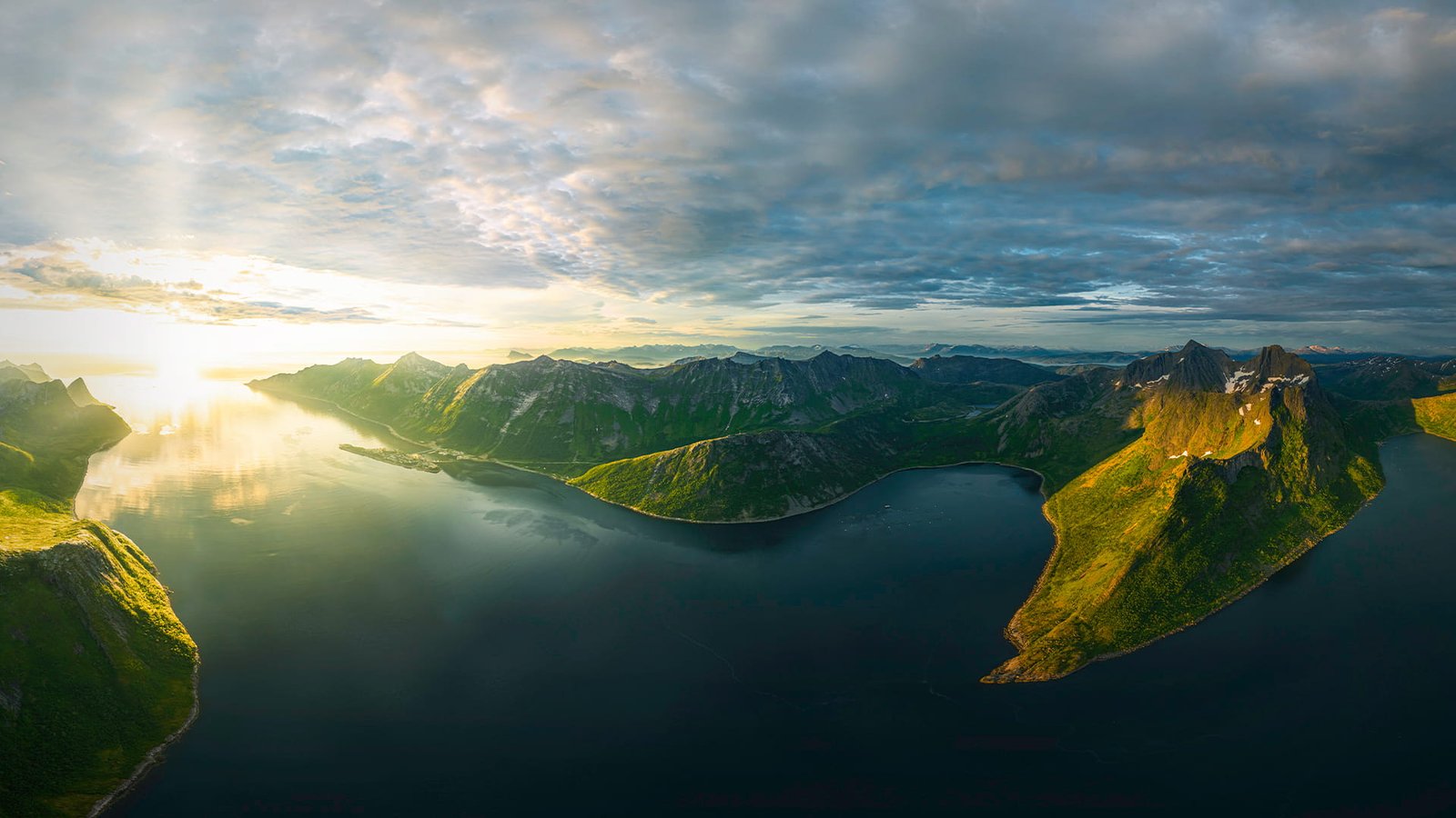 Aerial 360 photograph thumbnail of a fjord around Segla in Senja, Norway